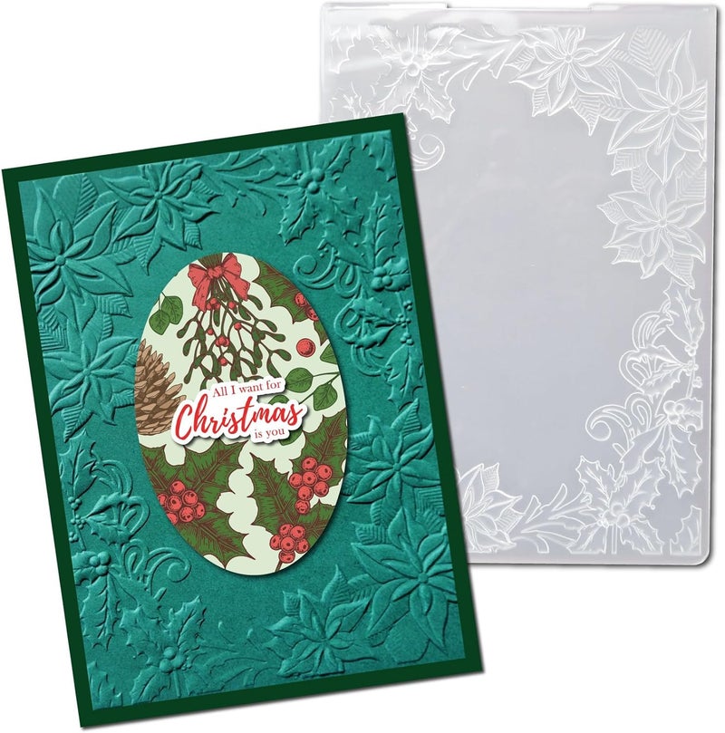 Arbuya 3D Christmas Poinsettia Frame Plastic Embossing Folders for Christmas Card Making Holly Leaves Embossing Folder for Gift Tag Paper Crafting Home Decoration 5"x7" - Image 1
